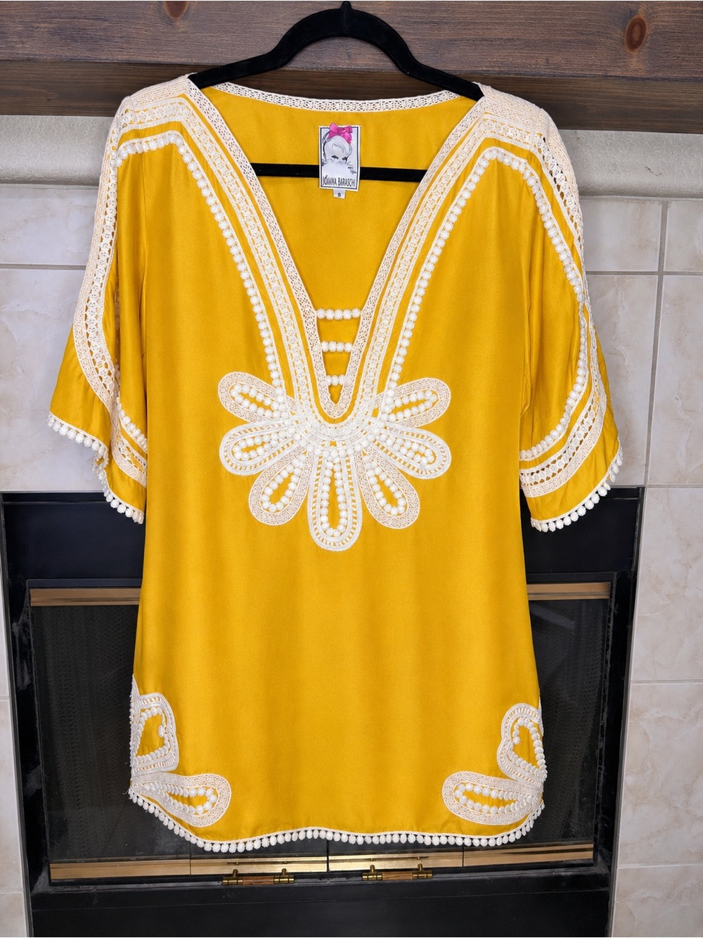 Yoana Baraschi Silk Yellow Boho Tunic Dress White Lace Trim Size 8